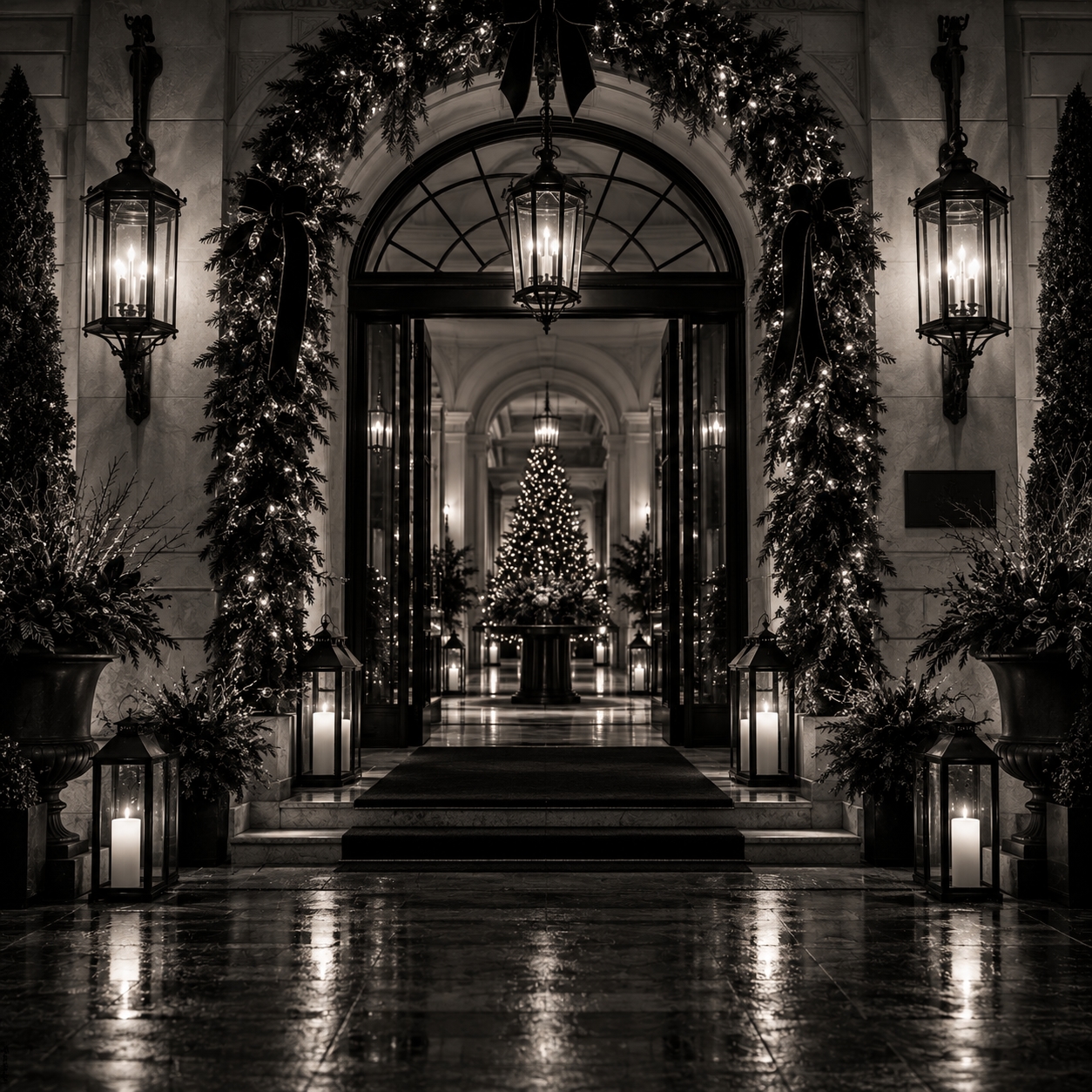 Hotel entrance framed by garlands, evergreen trees, and glowing lanterns