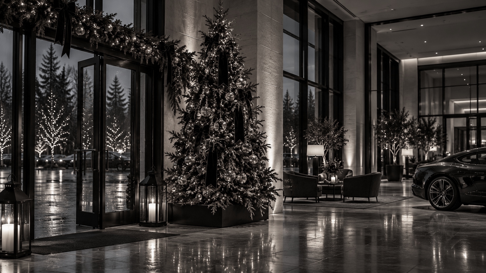 Holiday tree and cedar garland in an automotive showroom, with a car beyond.