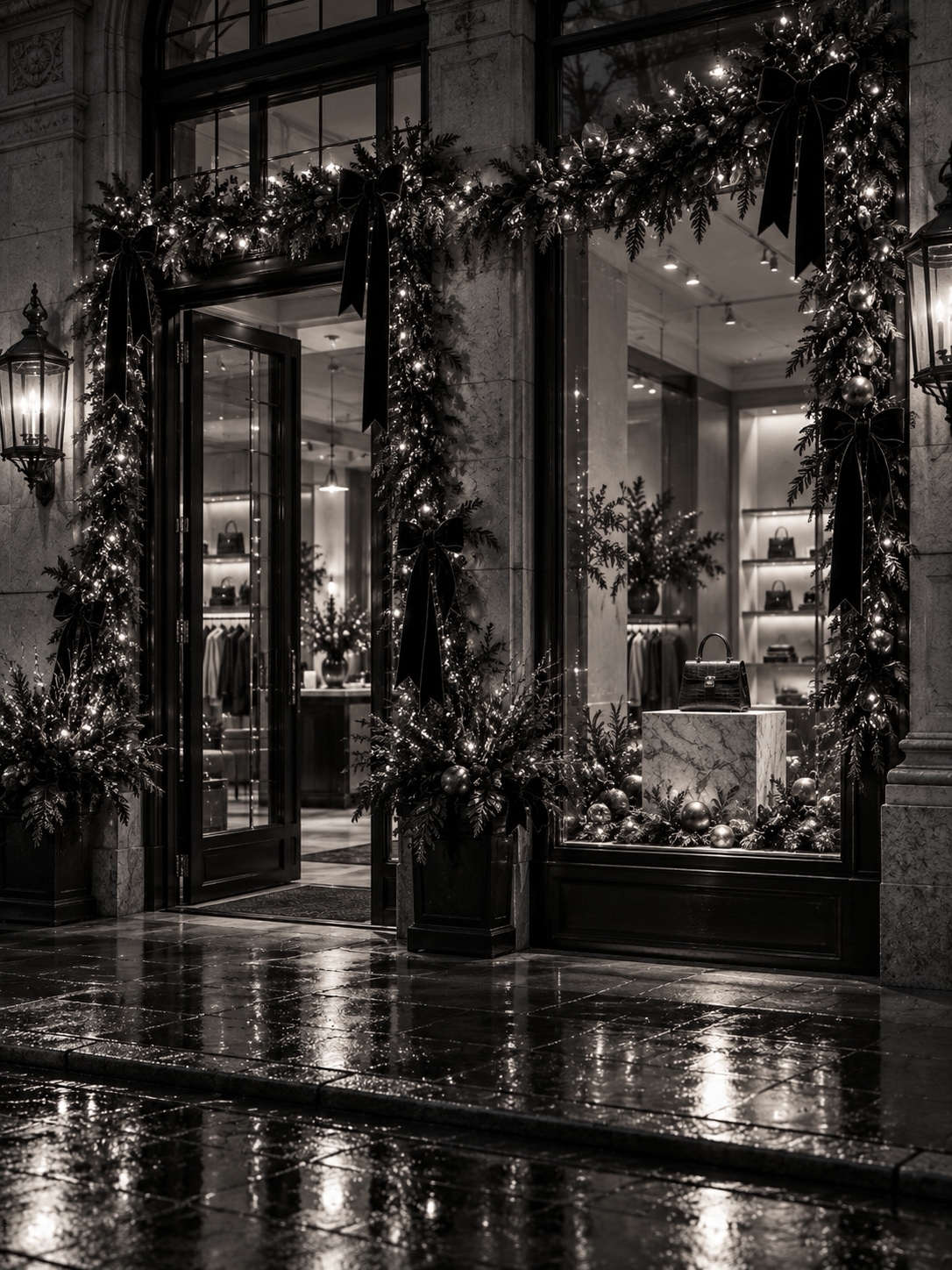 Flagship-store window and entrance framed by cedar garland and velvet ribbon.