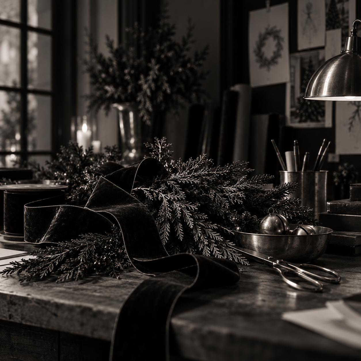 Hands arranging ribbon, cedar, and brass ornaments on a worktable