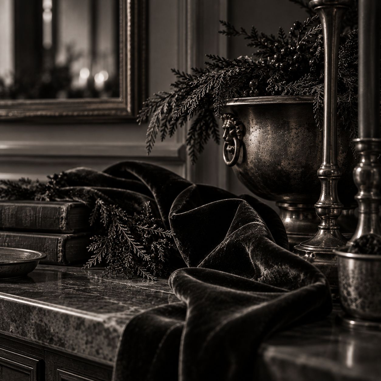 Close view of velvet ribbon tied beside an antique brass ornament