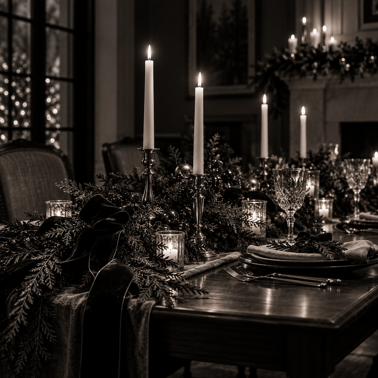 A holiday table set with greenery and candles for a small gathering