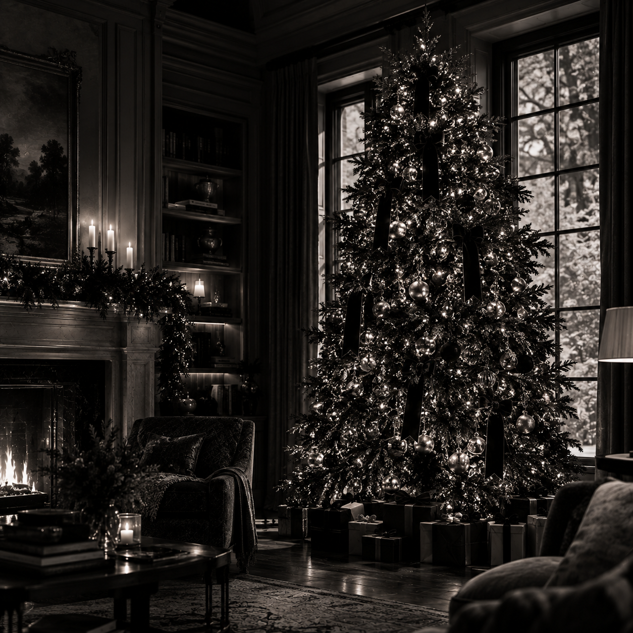 A tall evergreen tree lit with warm lights in a grand room