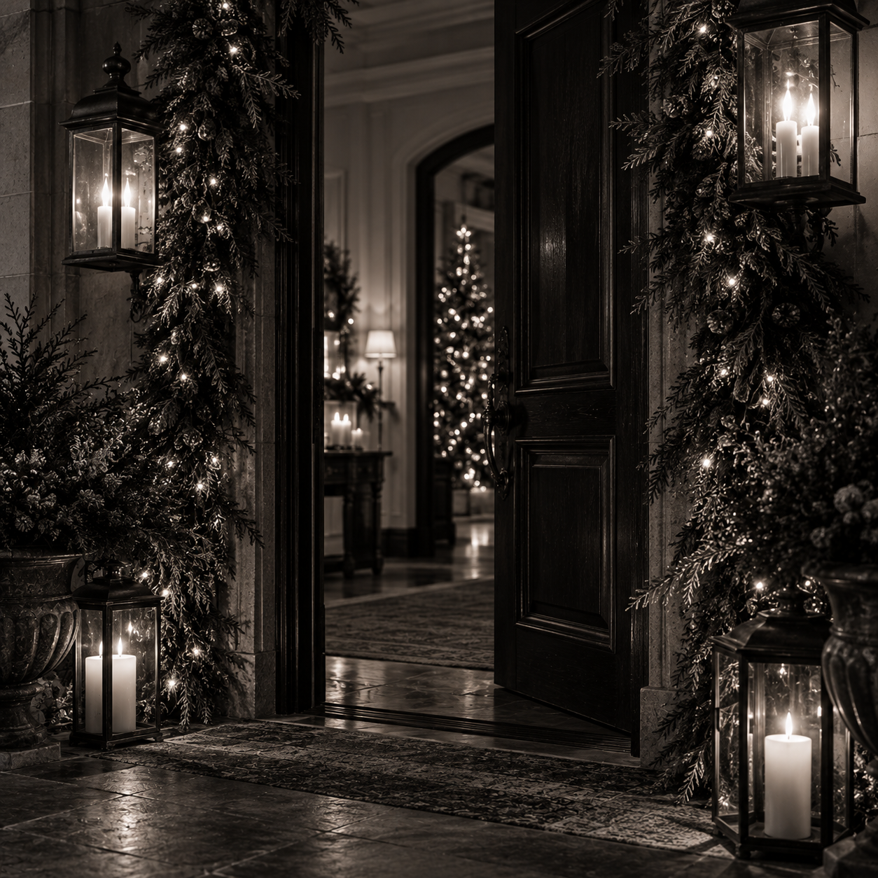 An open doorway framed by cedar garland and warm lights