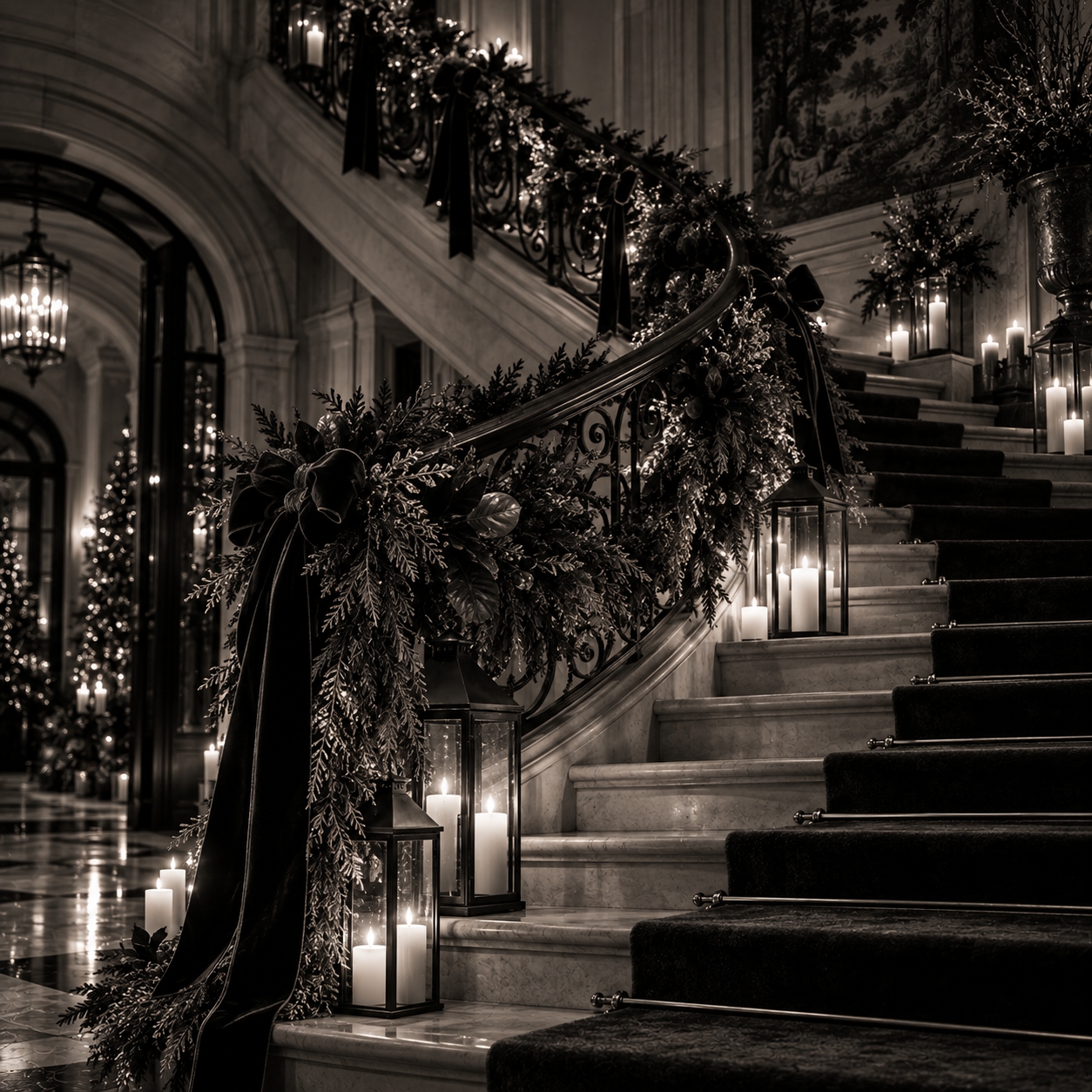 Cedar garland and velvet ribbon following a curved staircase