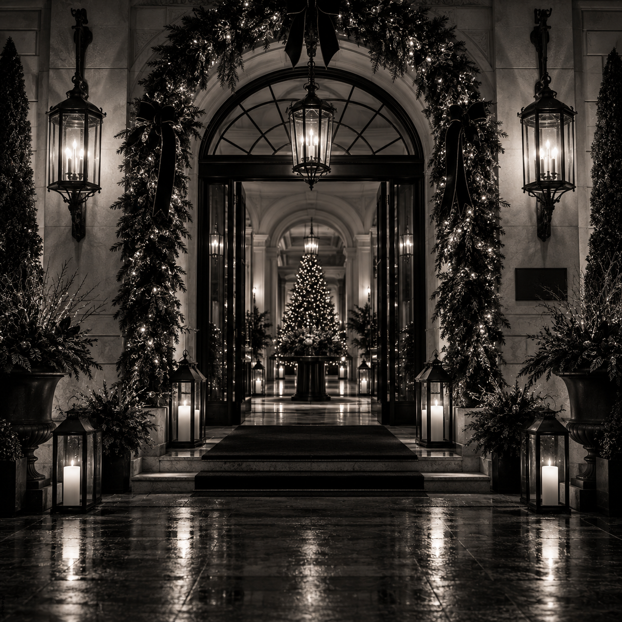 Hotel entrance framed by garlands, evergreen trees, and glowing lanterns